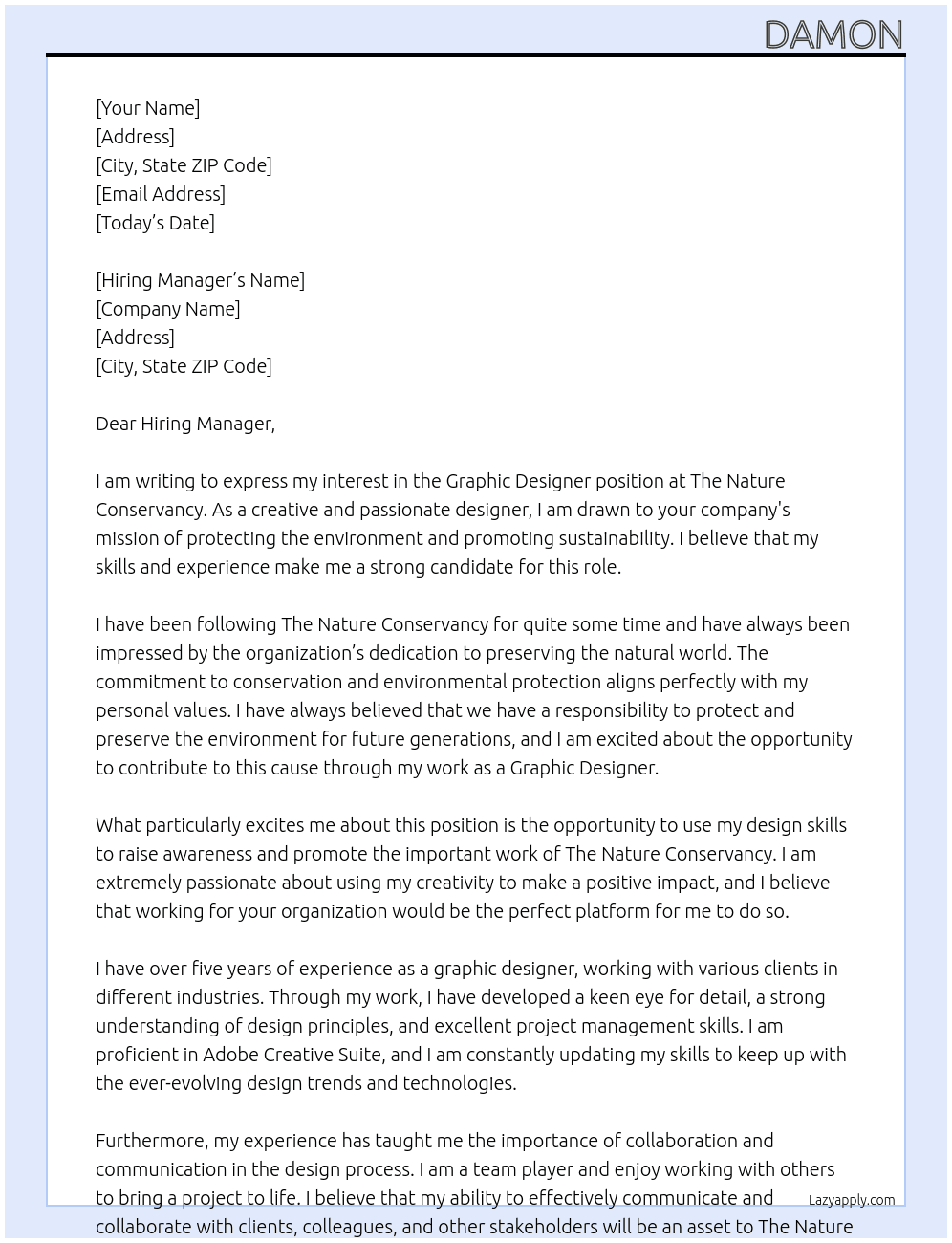 Graphic Designer At The Nature Conservancy Cover Letter