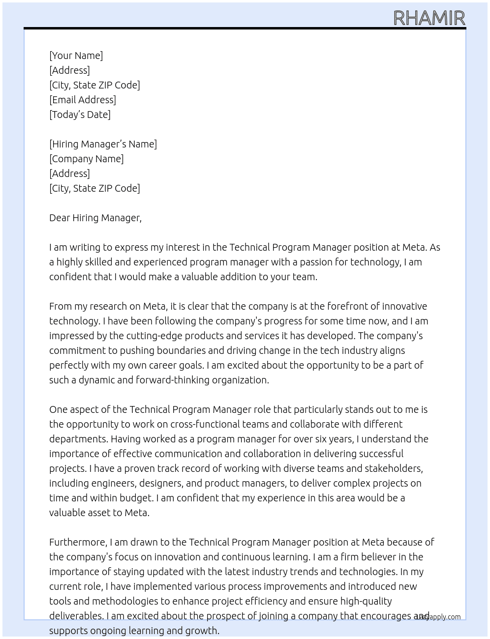 Technical Program Manager At Meta Cover Letter