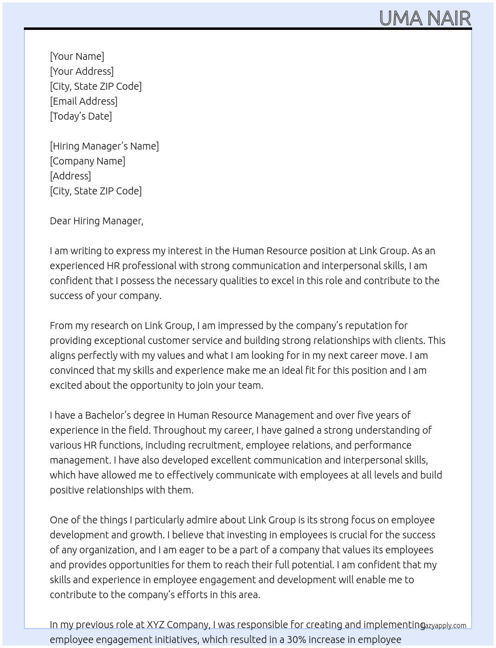 Human Resource  At Link Group Cover Letter