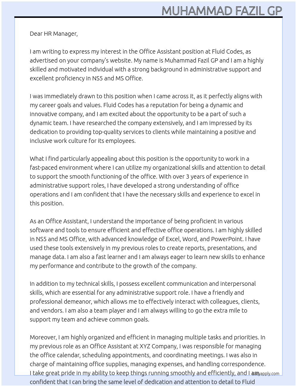 Office Assistant  At Fluid codes Cover Letter