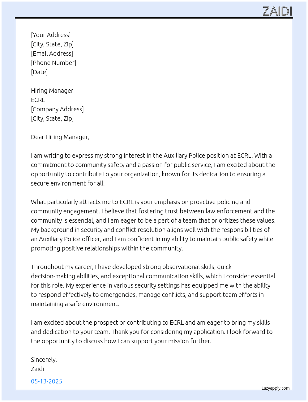 Auxiliary Police At ECRL Cover Letter