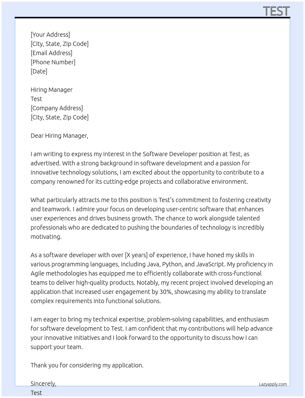 Software developer At test Cover Letter