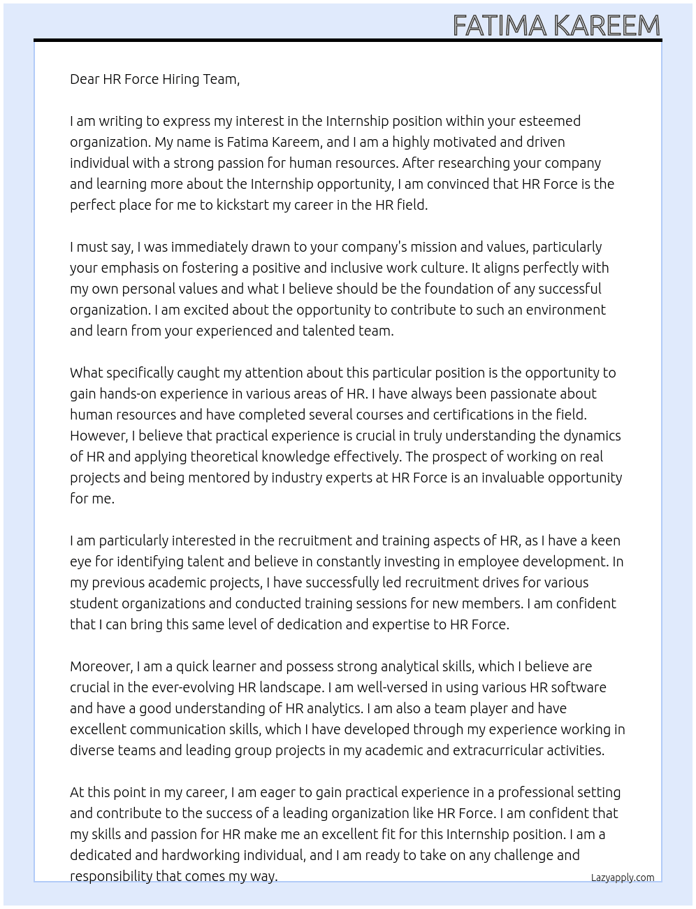 Internship At HR Force Cover Letter