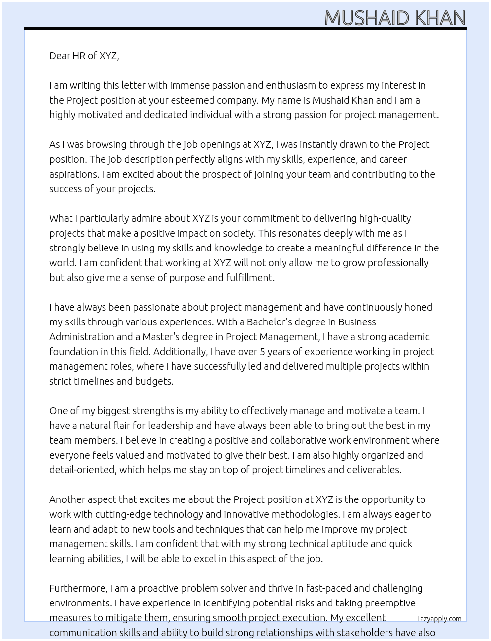 Project At XYZ Cover Letter