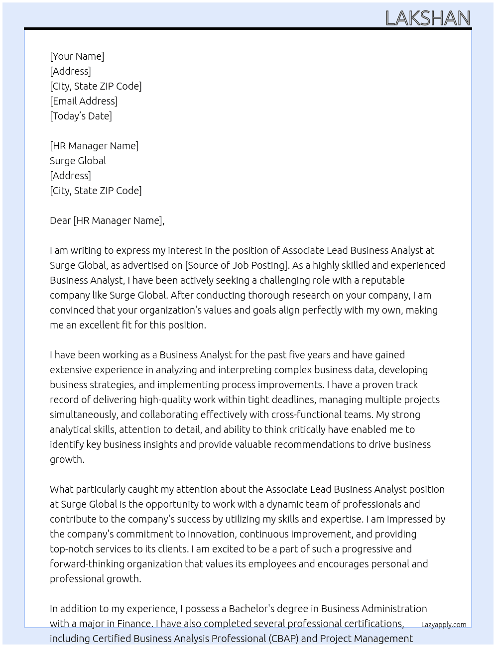 Associate Lead Business Analyst At Surge Global Cover Letter
