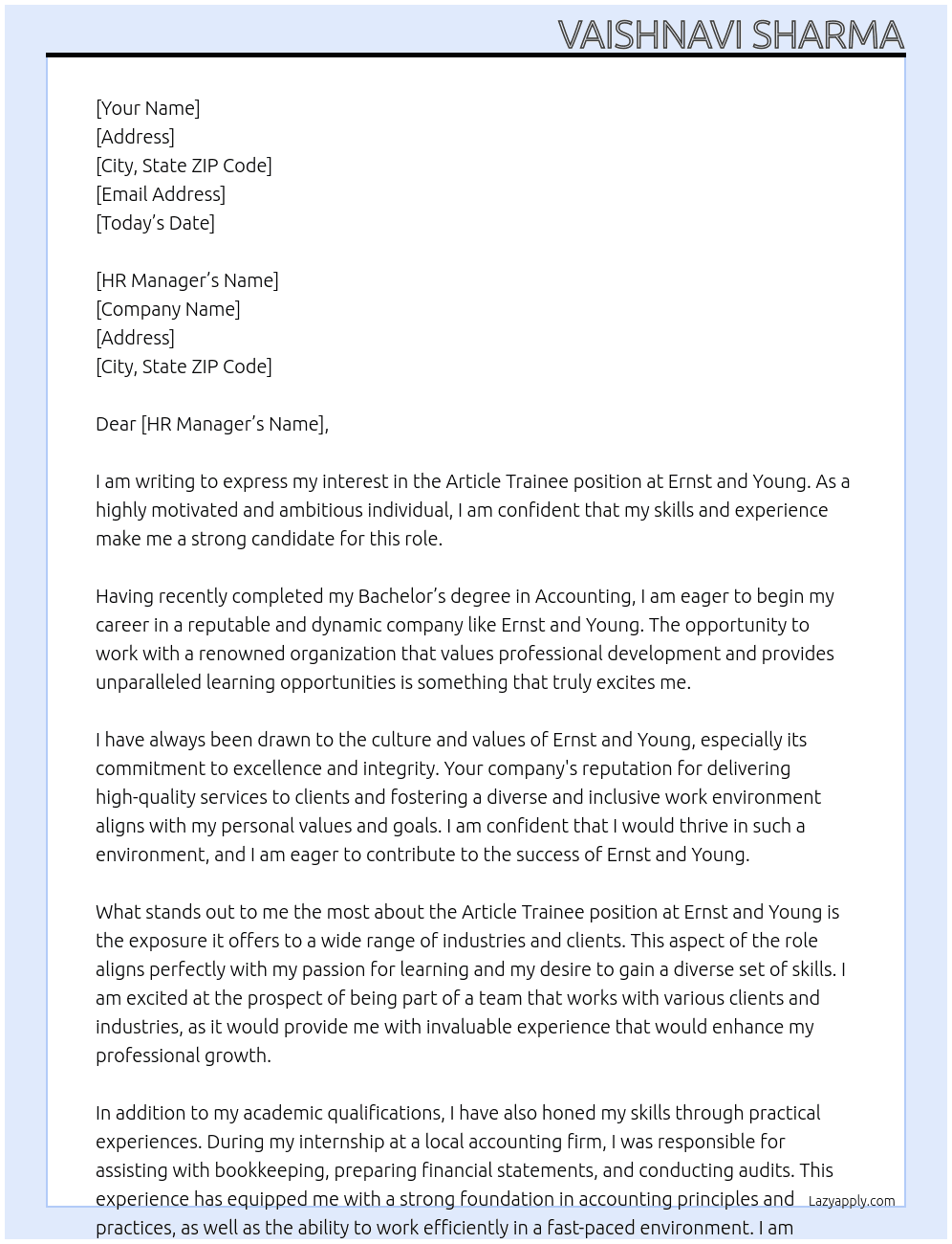 Article trainee At Ernst and Young  Cover Letter