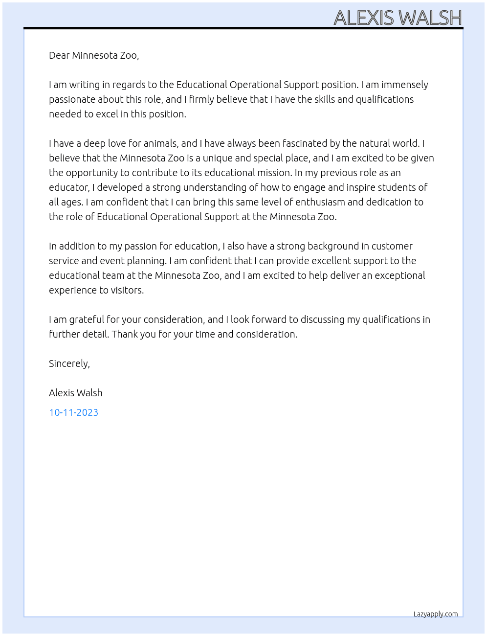 Educational Operational Support At Minnesota Zoo Cover Letter