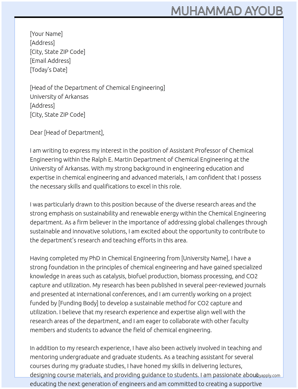 Assistant Professor of Chemical Engineering At University of Arkansas Cover Letter