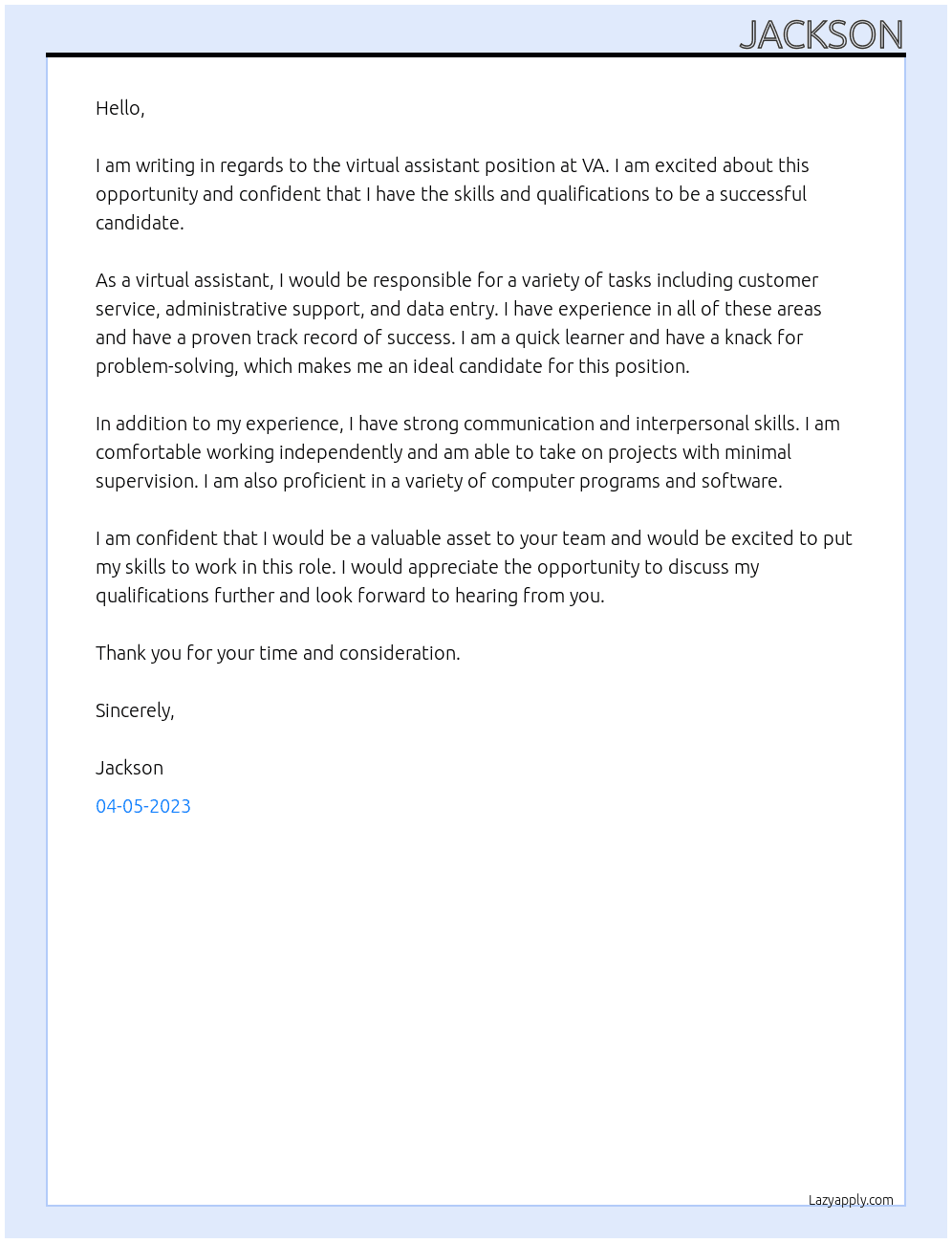 Virtual assistant  At VA Cover Letter