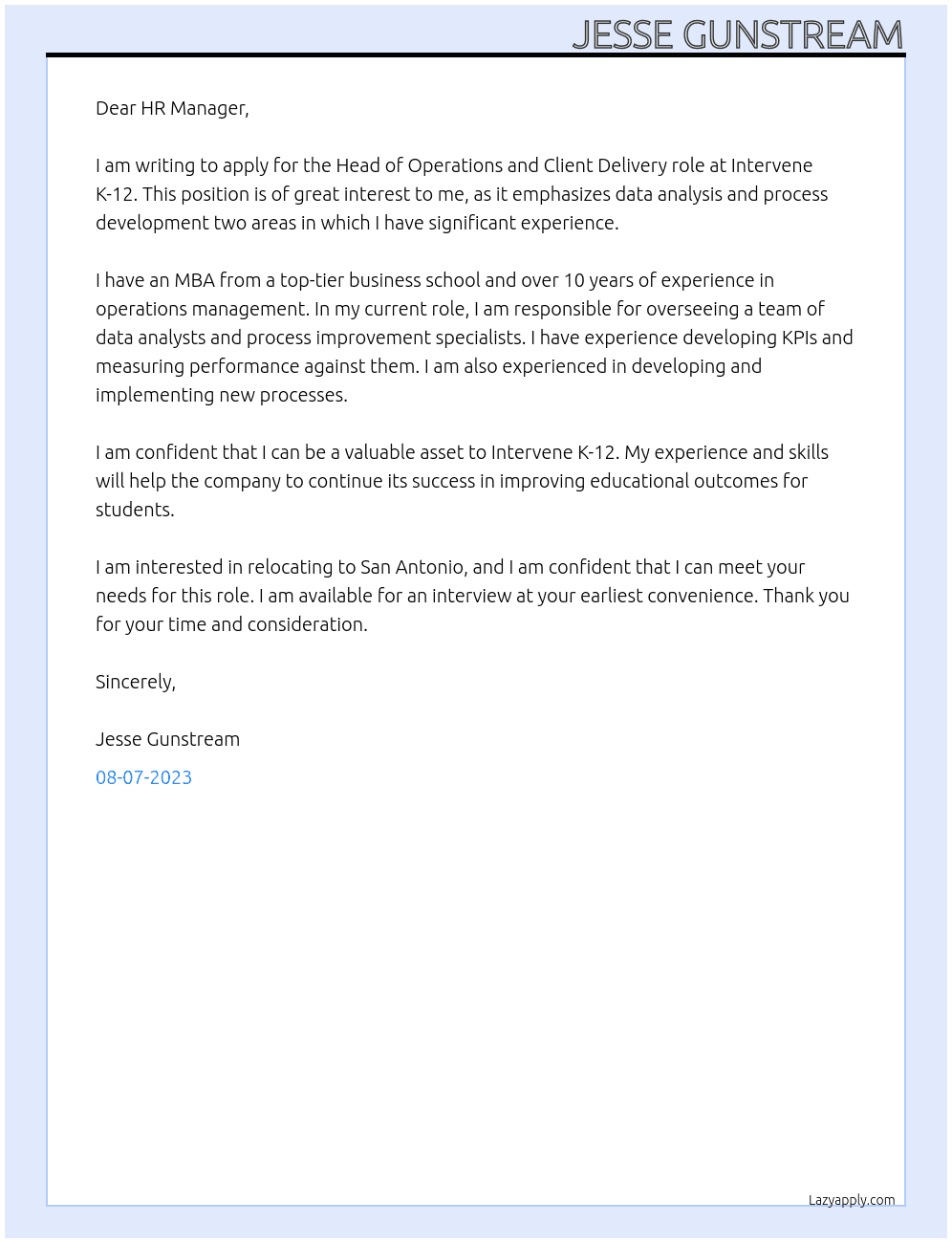 Head of Operations and Client Delivery At Intervene K-12 Cover Letter