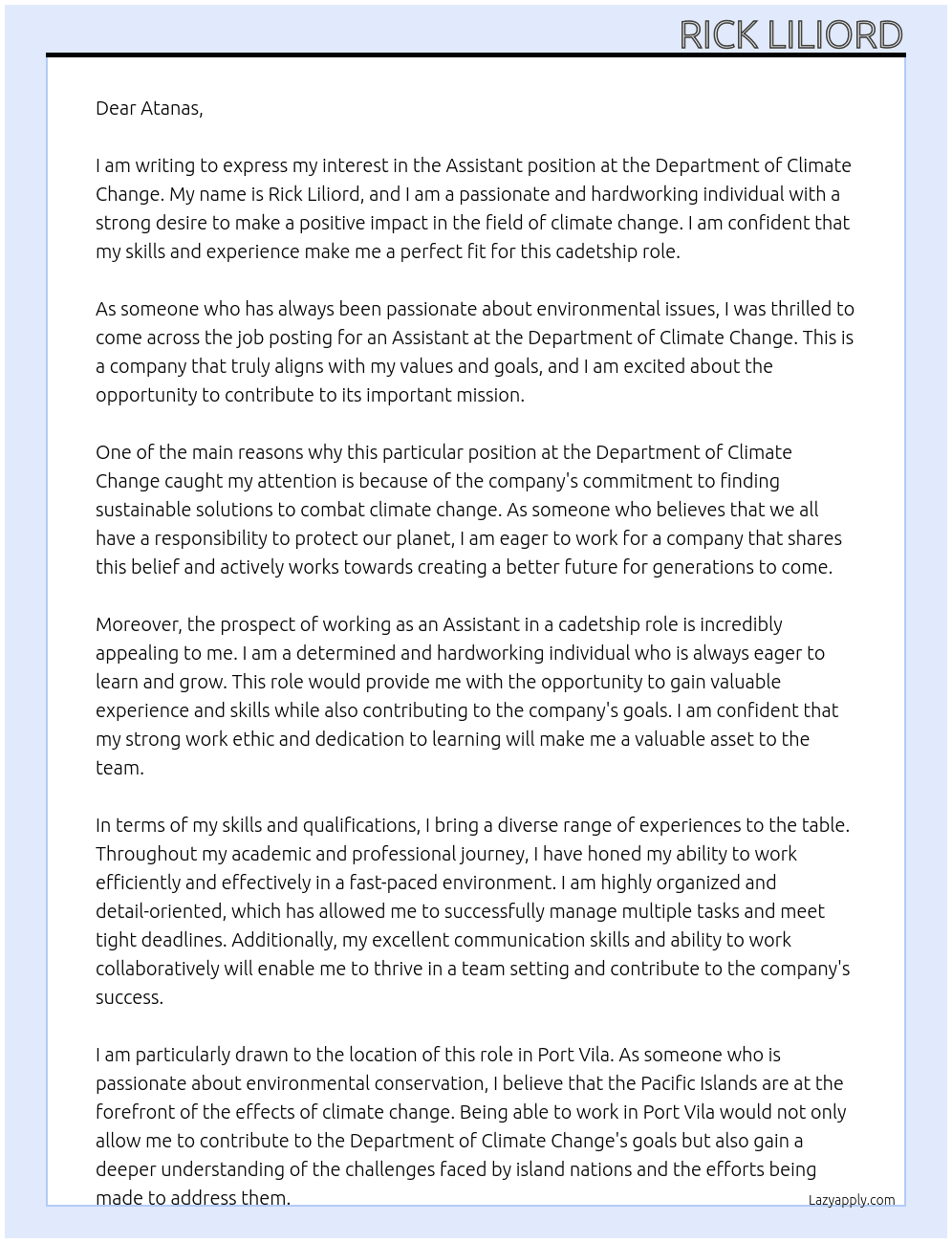 Assistant At Departement of climate change Cover Letter