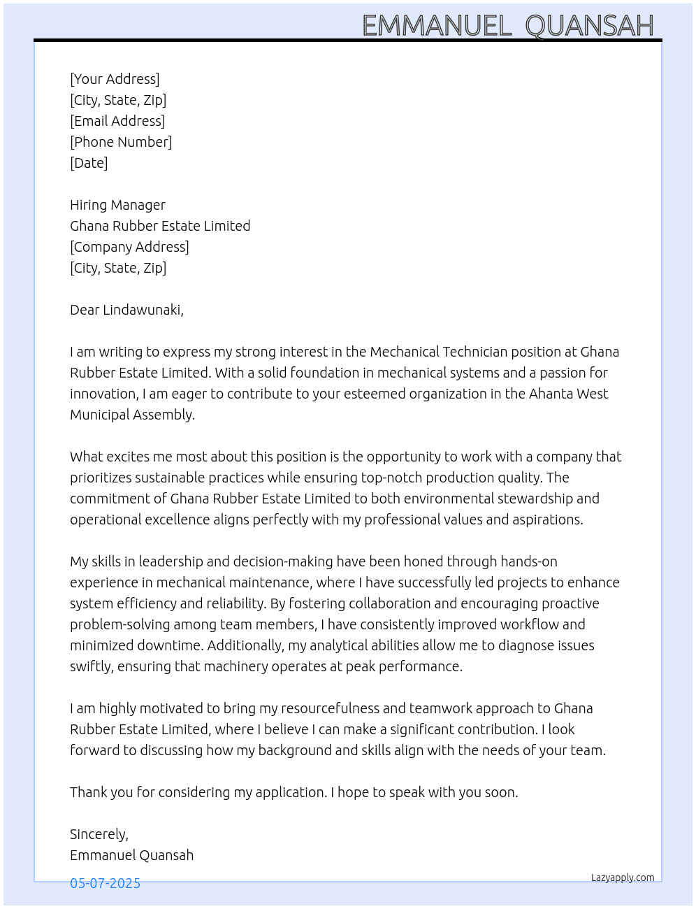 Mechanical technician  At Ghana Rubber Estate Limited  Cover Letter