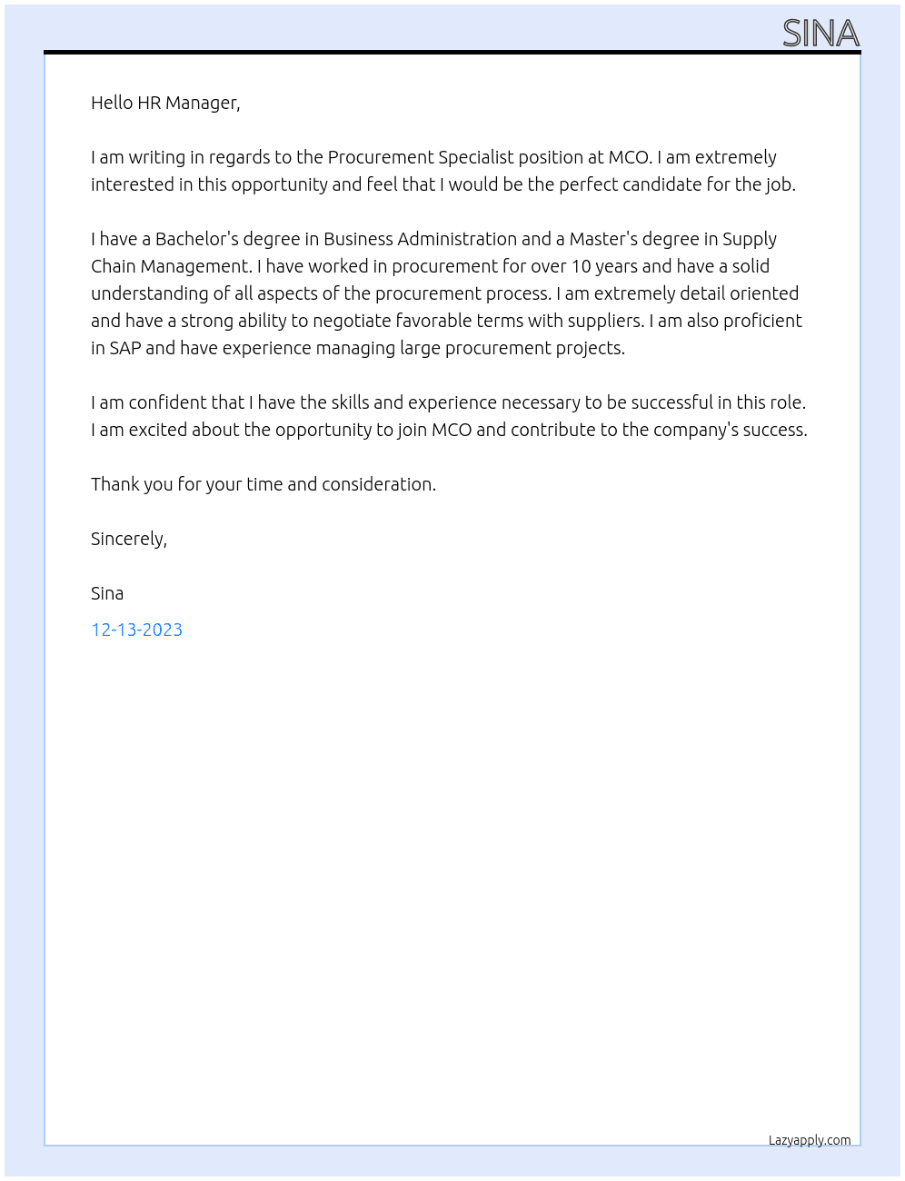 Procurement Specialist At MCO Cover Letter