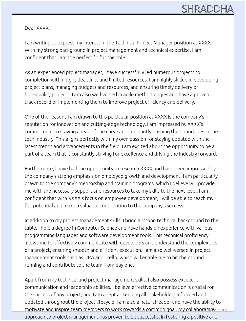 Technical Project Manager At XXXX Cover Letter