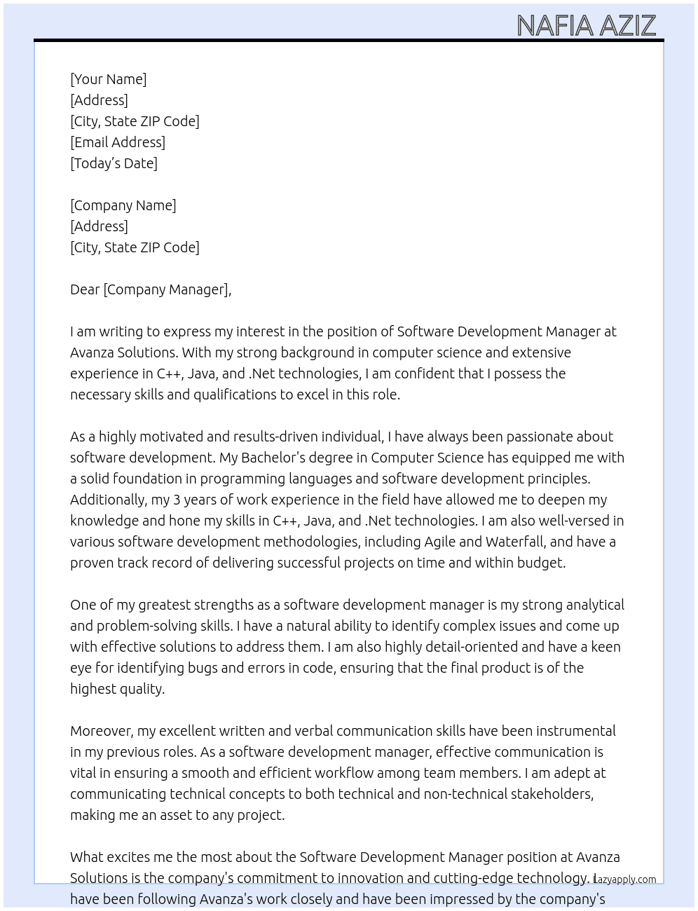 Software Development manager At Avanza solutions  Cover Letter