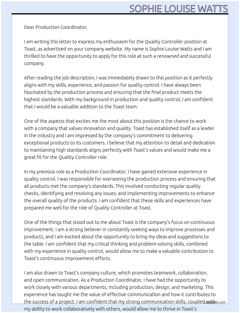 Quality Controller At Toast Cover Letter