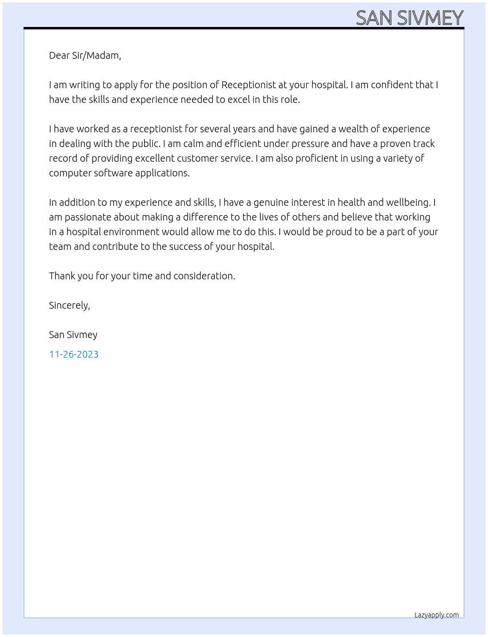 Hospital At Receptionist Cover Letter