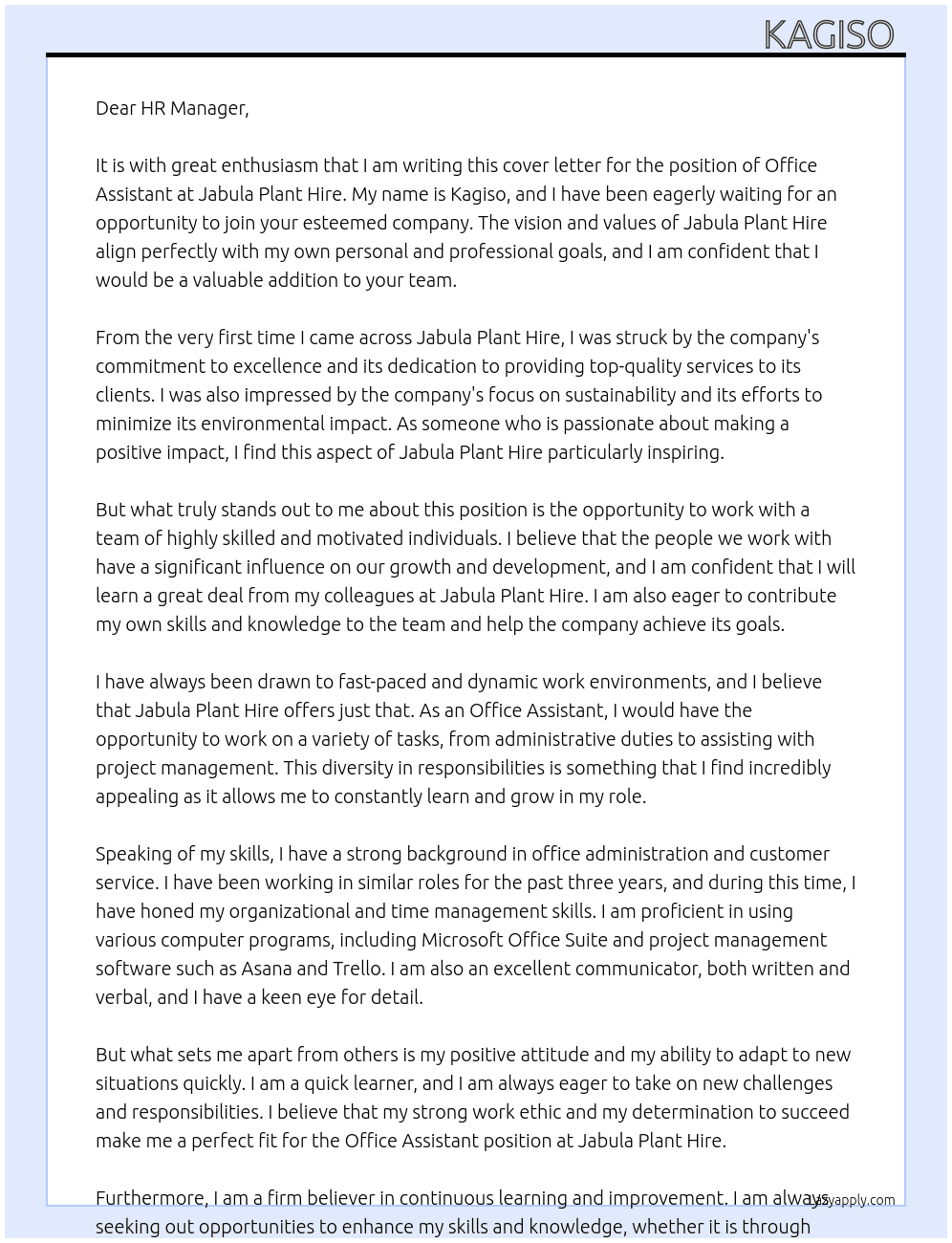 Office assistant  At Jabula plant hire Cover Letter