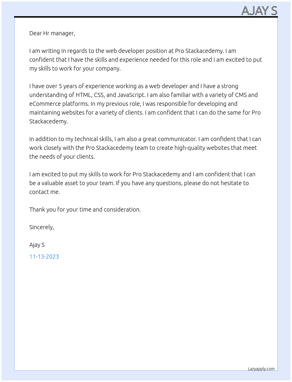 Web developer  At Pro Stackacedemy  Cover Letter