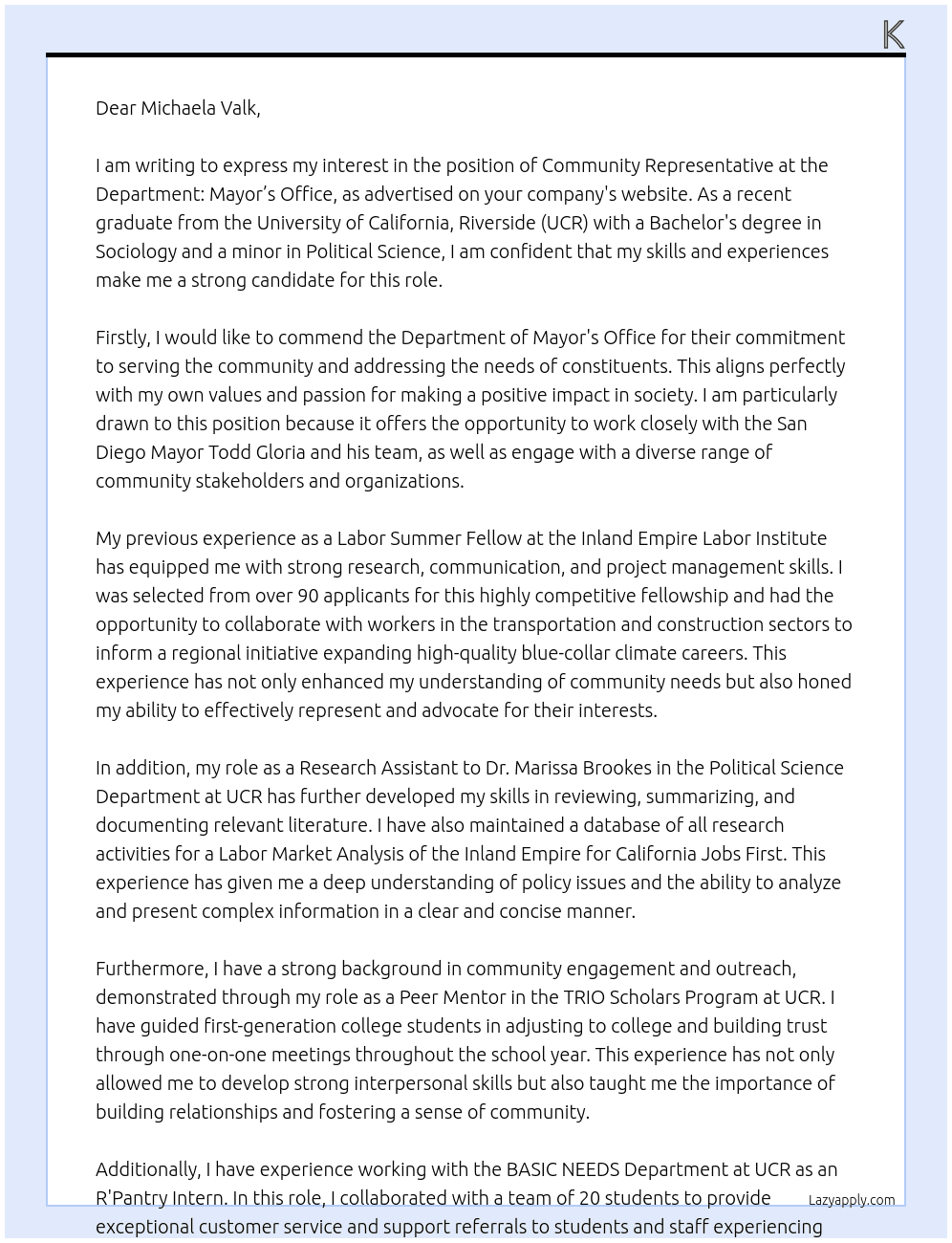 Community Representative At Department: Mayor’s Office  Cover Letter