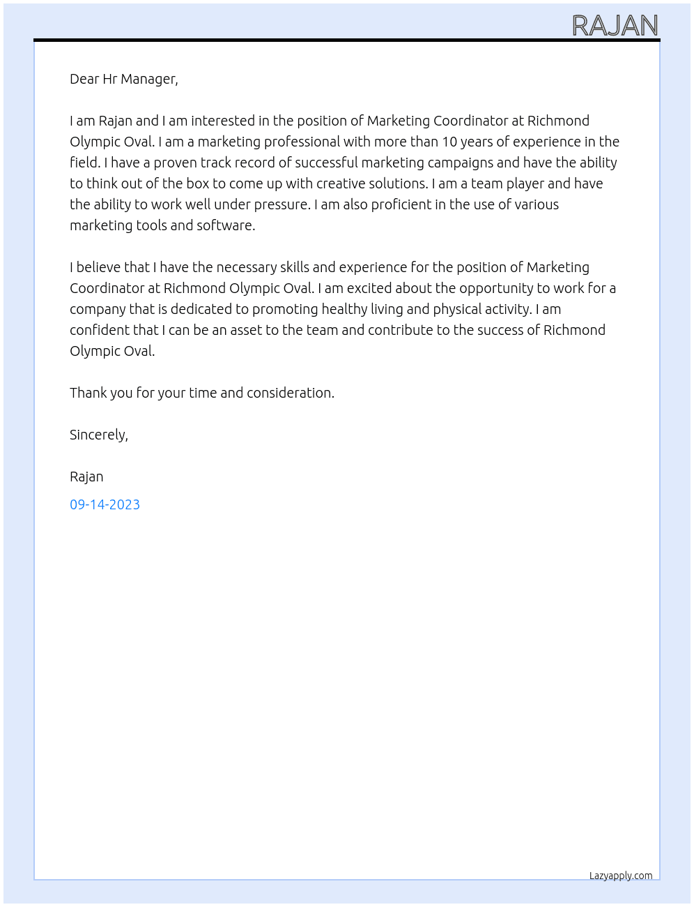 Marketing Coordinator At Richmond Olympic Oval Cover Letter