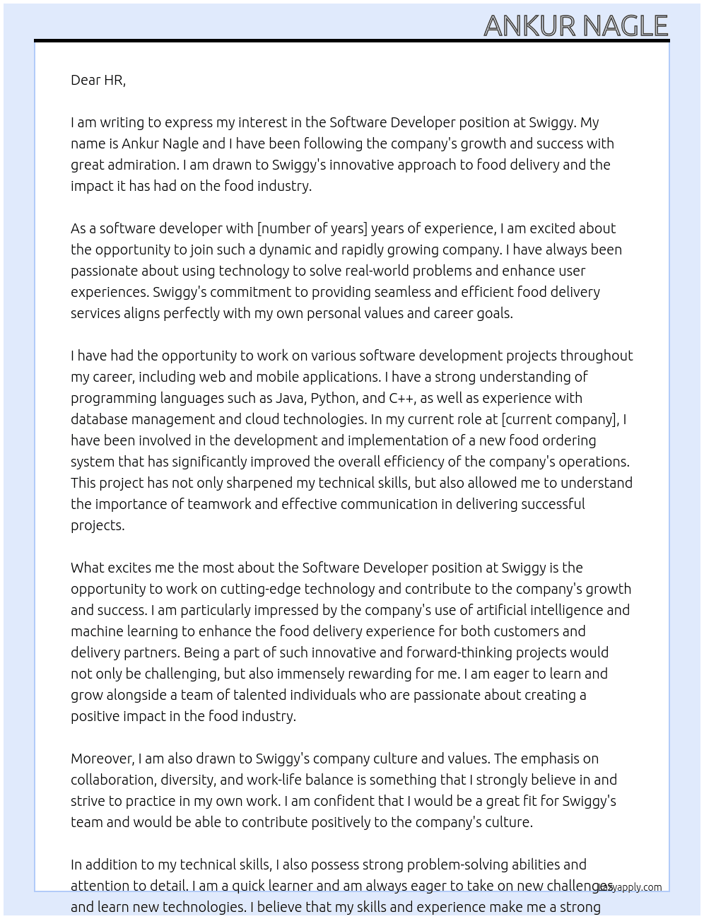 Software devloper At Swiggy Cover Letter