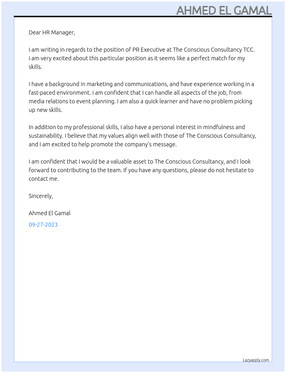 PR Executive At The Conscious Consultancy TCC Cover Letter