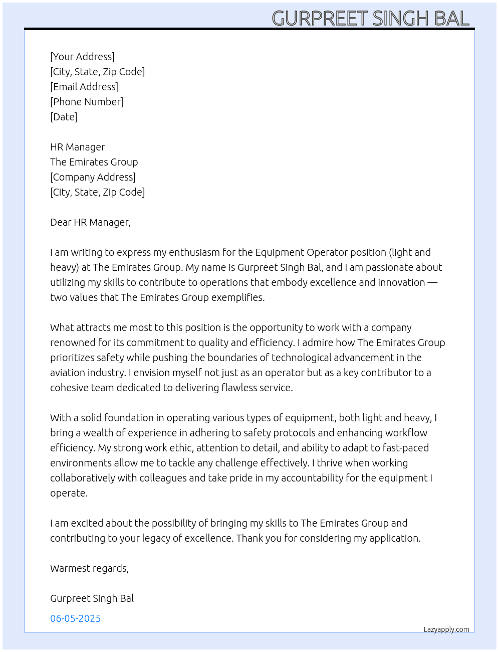Equipment operator  light and heavy  At  The Emirates  group  Cover Letter