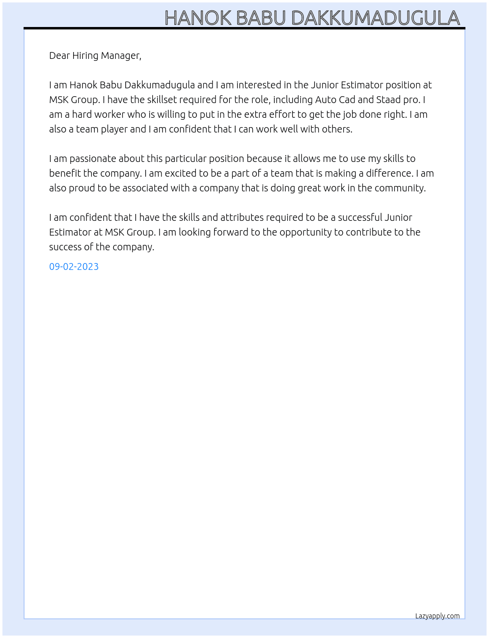 Junior Estimator  At MSK Group  Cover Letter