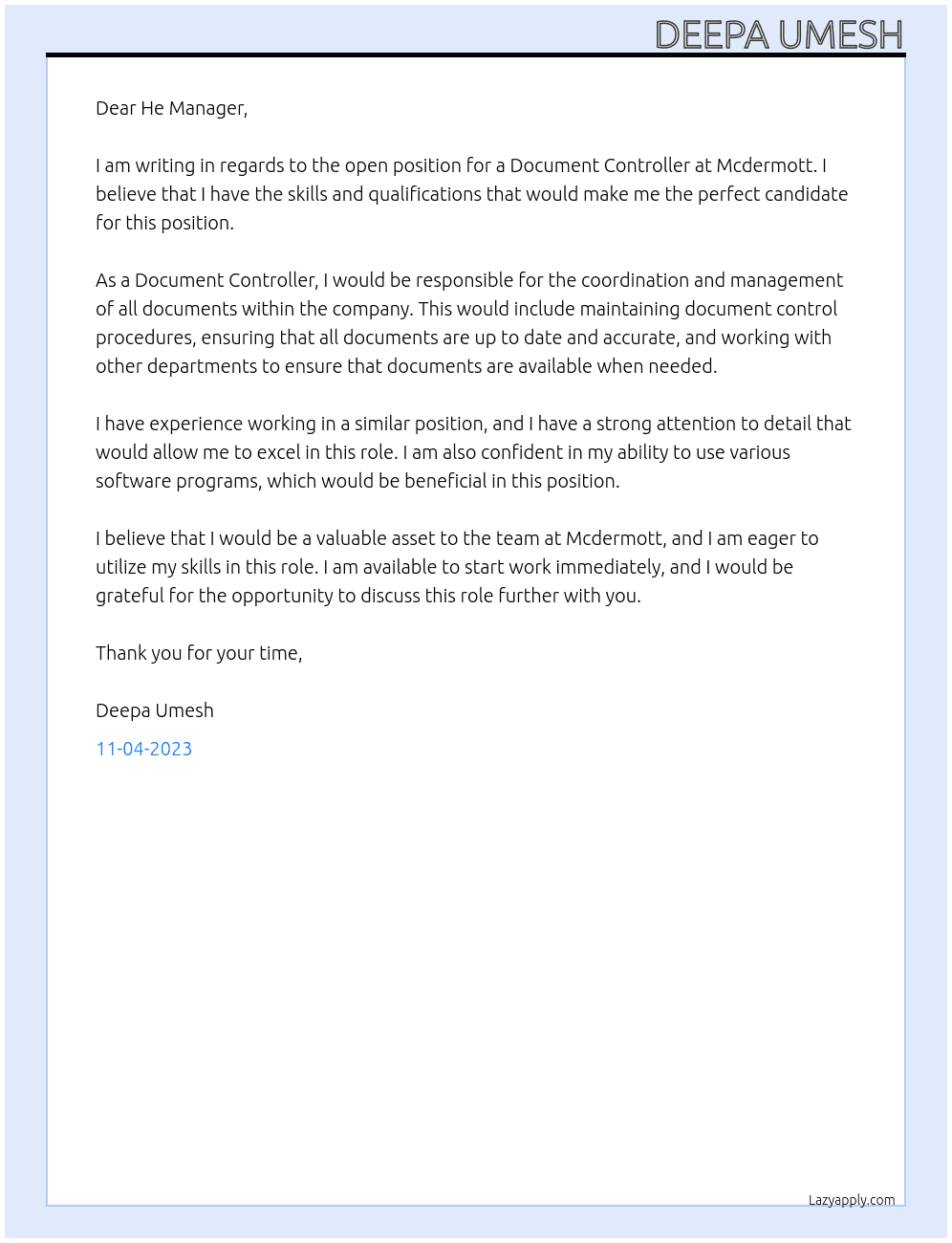 Document controller  At Mcdermott Cover Letter