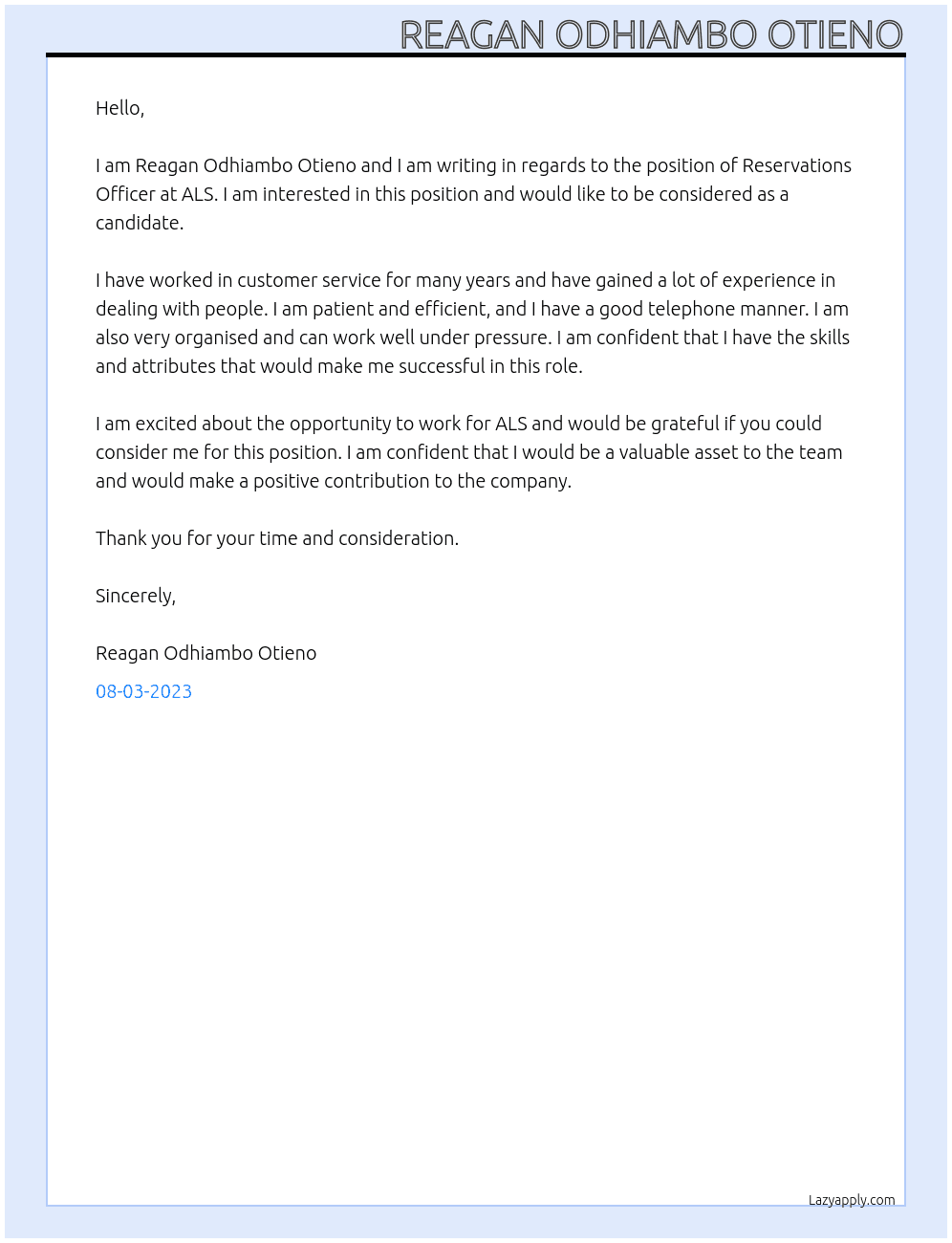 Reservations Officer At ALS Cover Letter