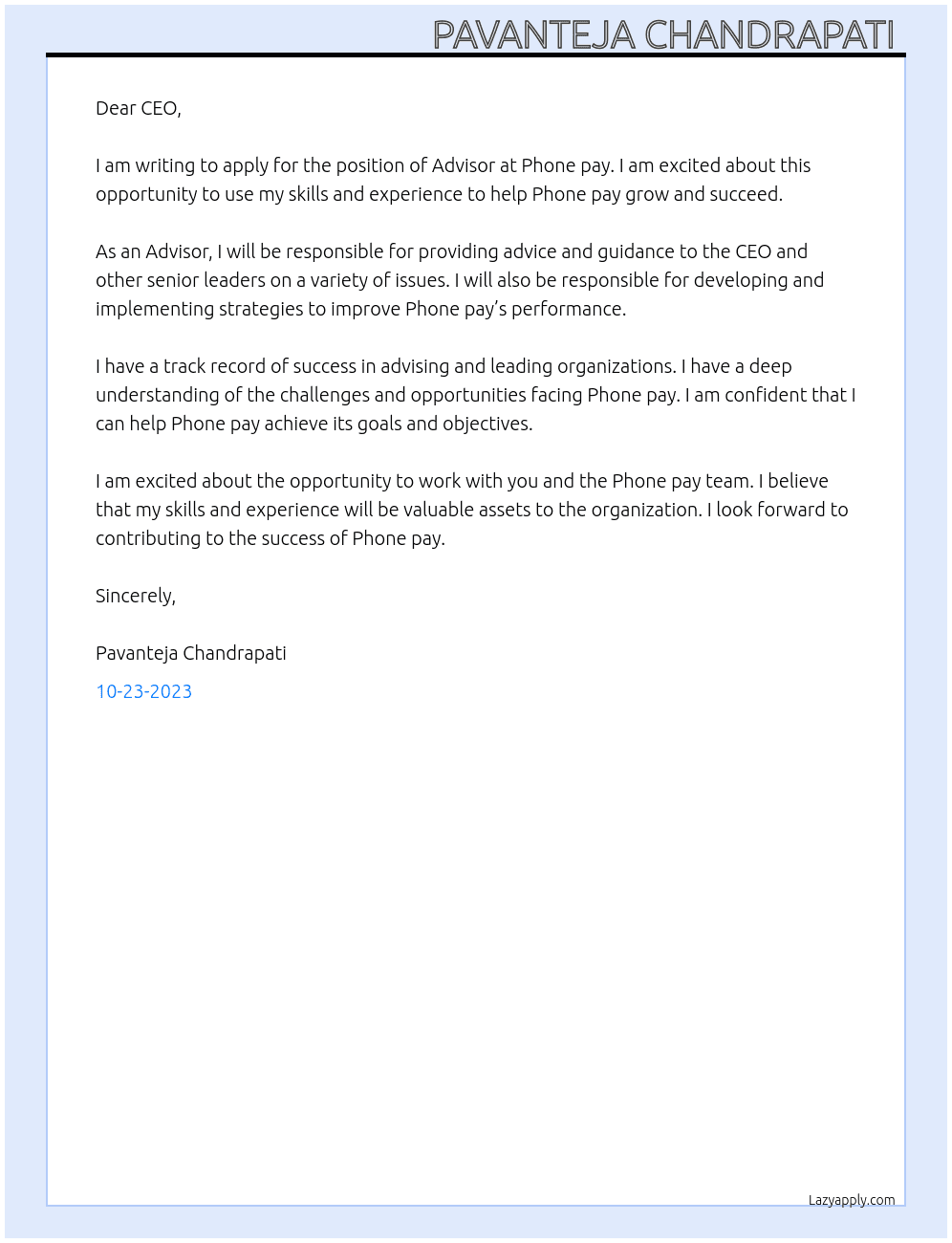 Advisor  At Phone pay  Cover Letter