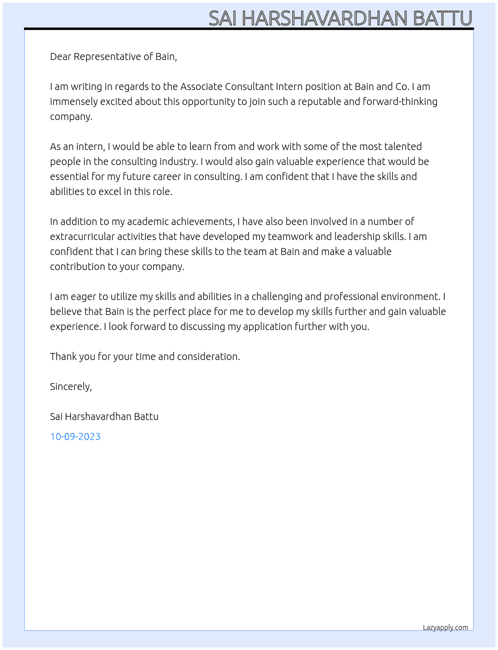 Associate Consultant Intern At Bain and Co. Cover Letter
