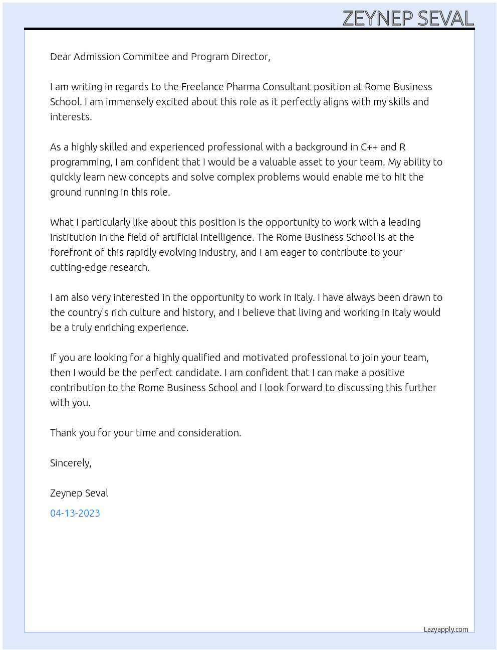 Freelance Pharma Consultant At Rome Business School Cover Letter