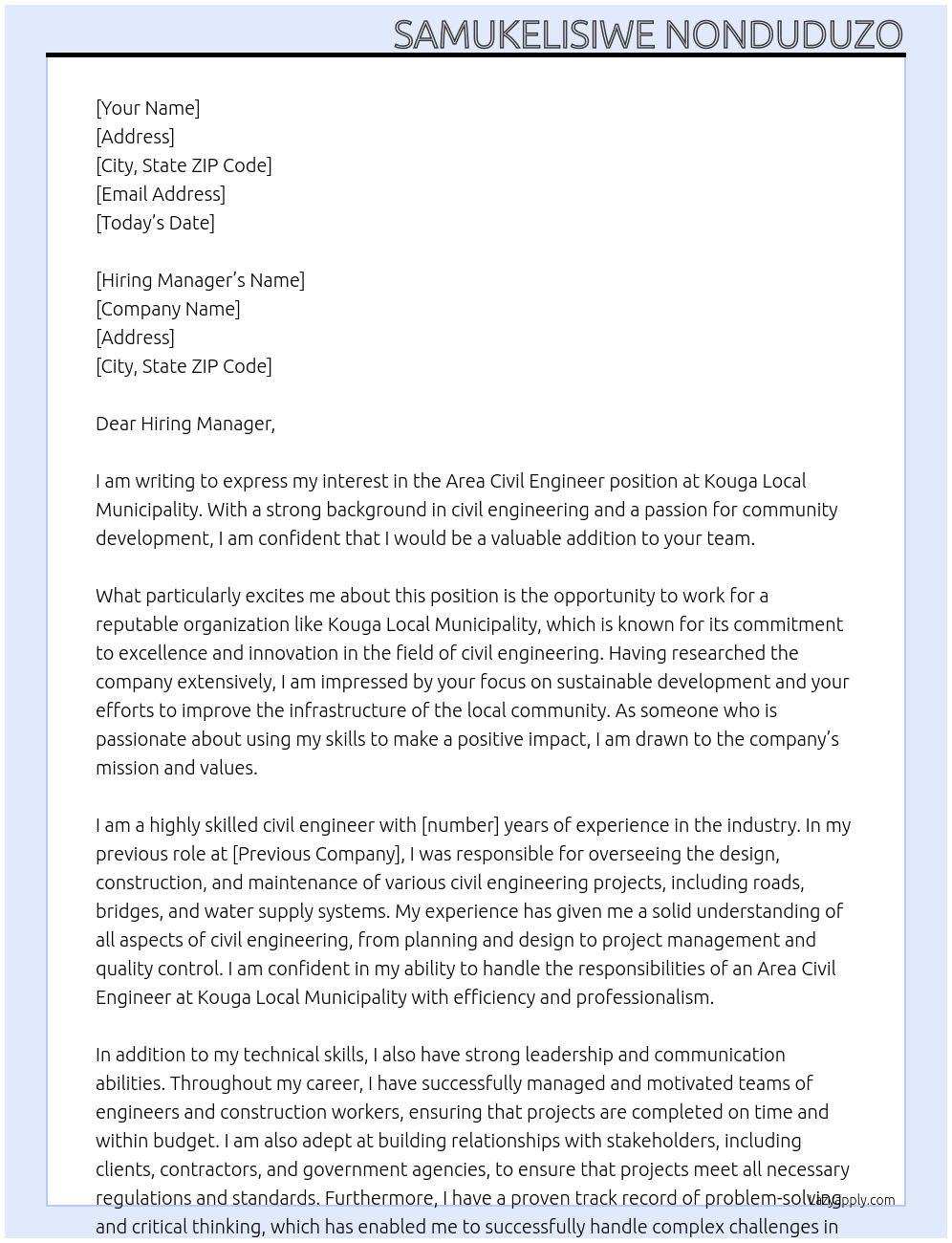 Area Civil Engineer At Kouga Local Municipality Cover Letter