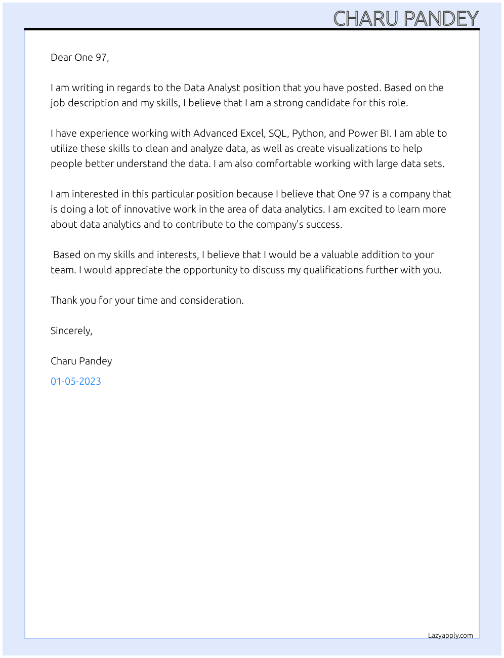 Data Analyst At One 97 Cover Letter