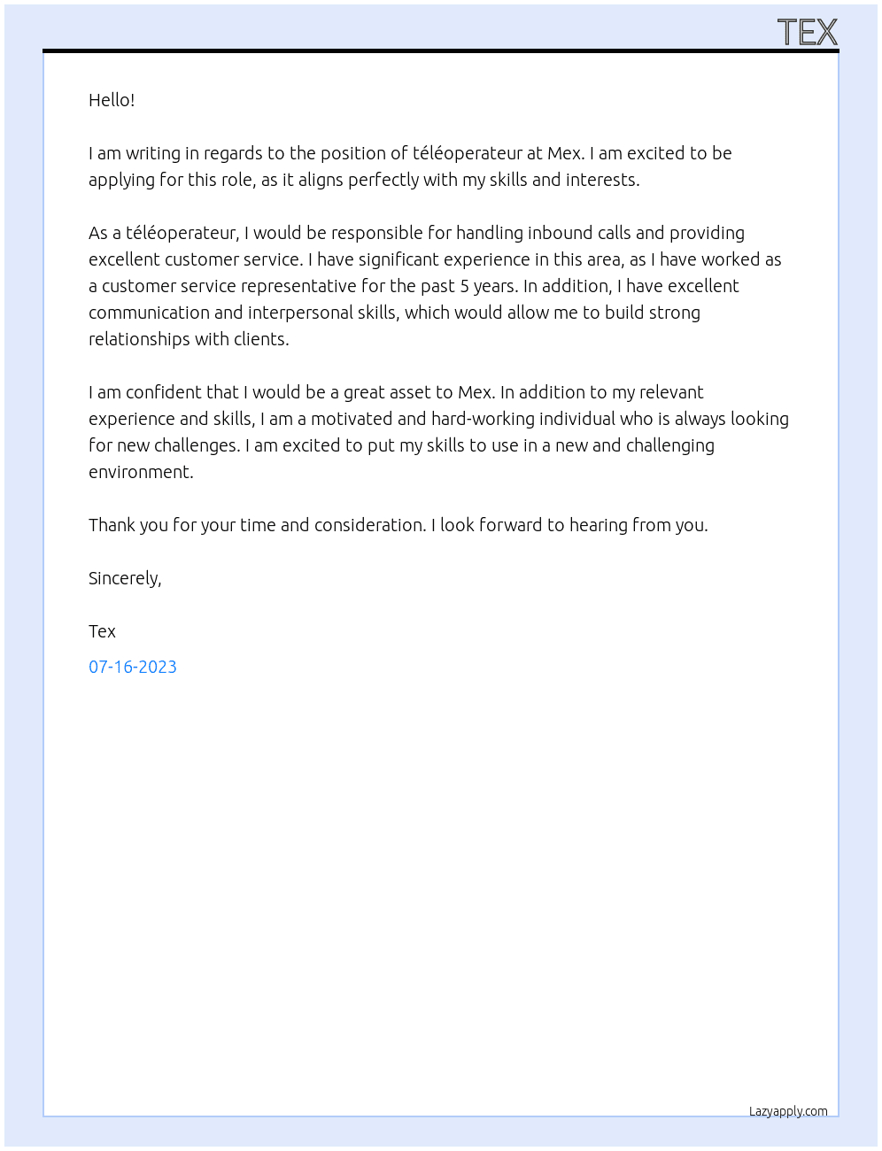 téléoperateur At mex Cover Letter