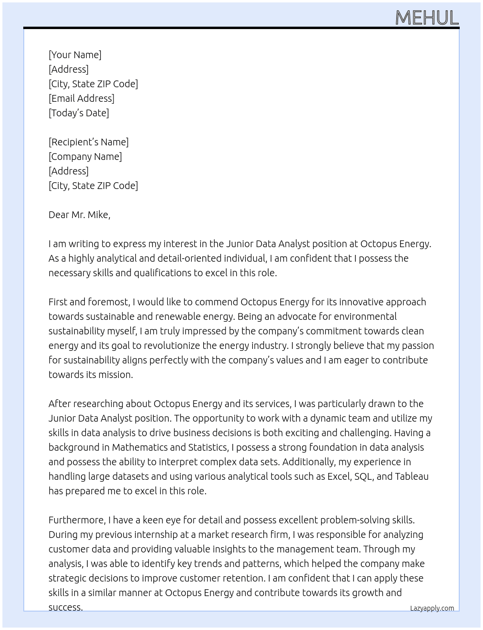 Junior Data Analyst At Octopus Energy Cover Letter