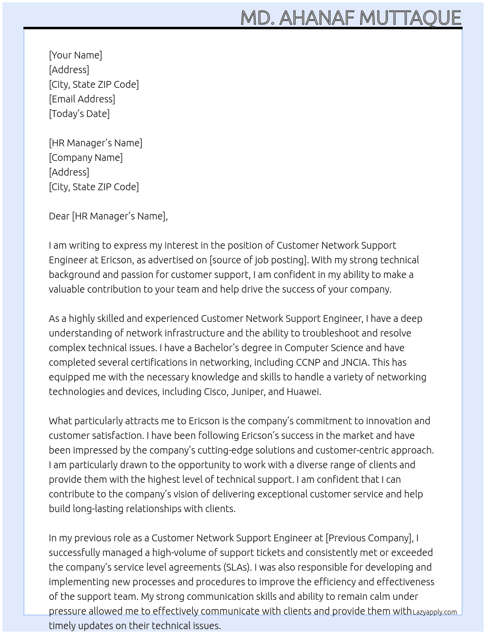 Customer Network Support Engineer At Ericson Cover Letter