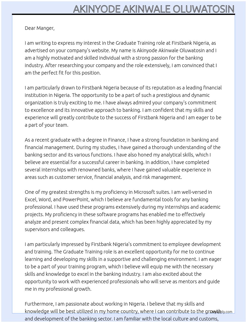 Graduate training At Firstbank Nigeria Cover Letter