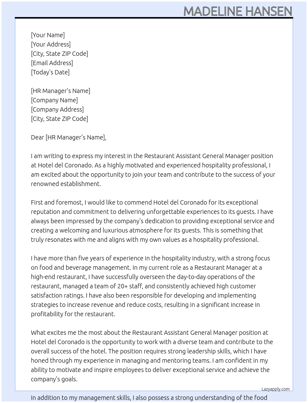 Restaurant Assistant General Manager At Hotel del Coronado Cover Letter