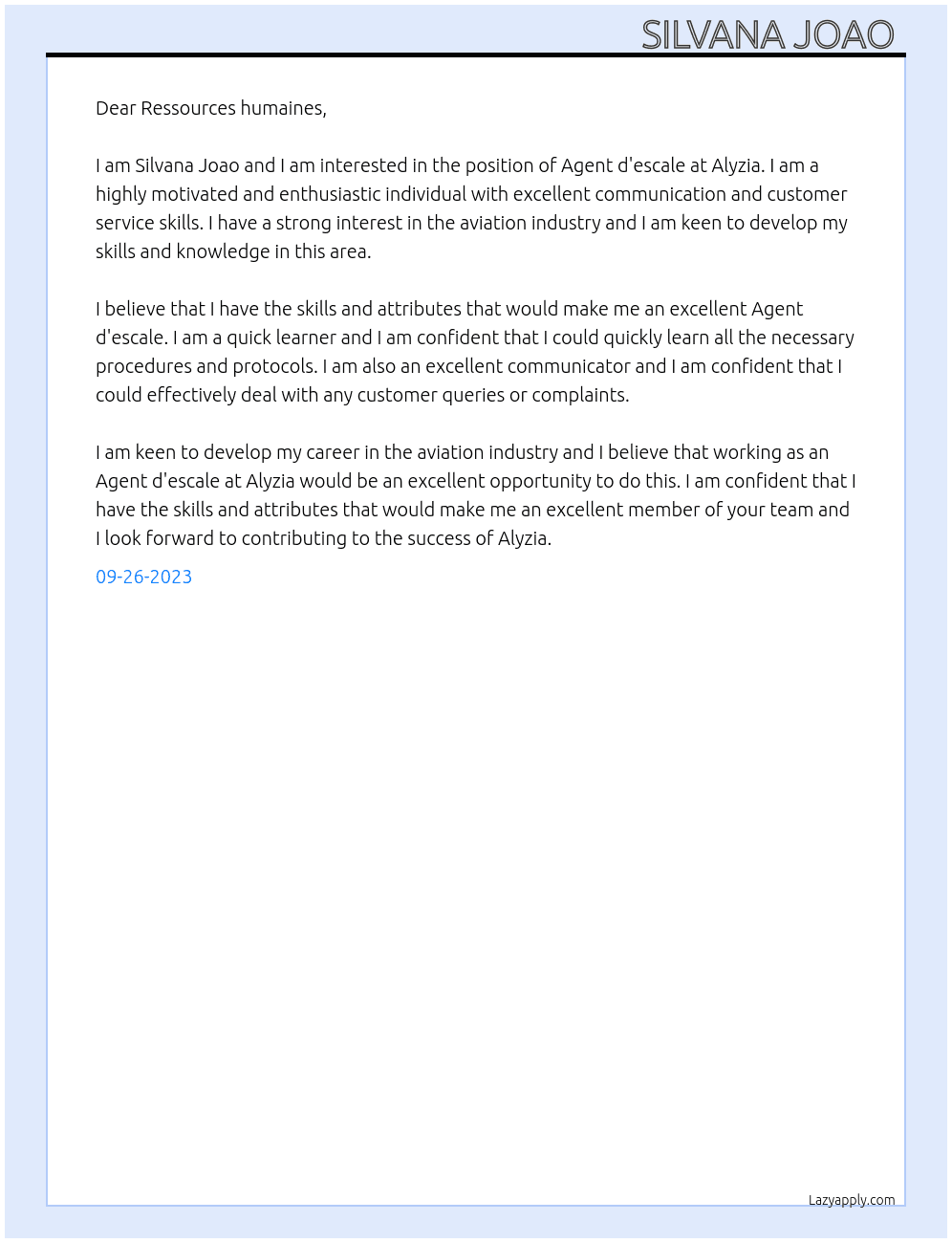 Agent d'escale At Alyzia Cover Letter