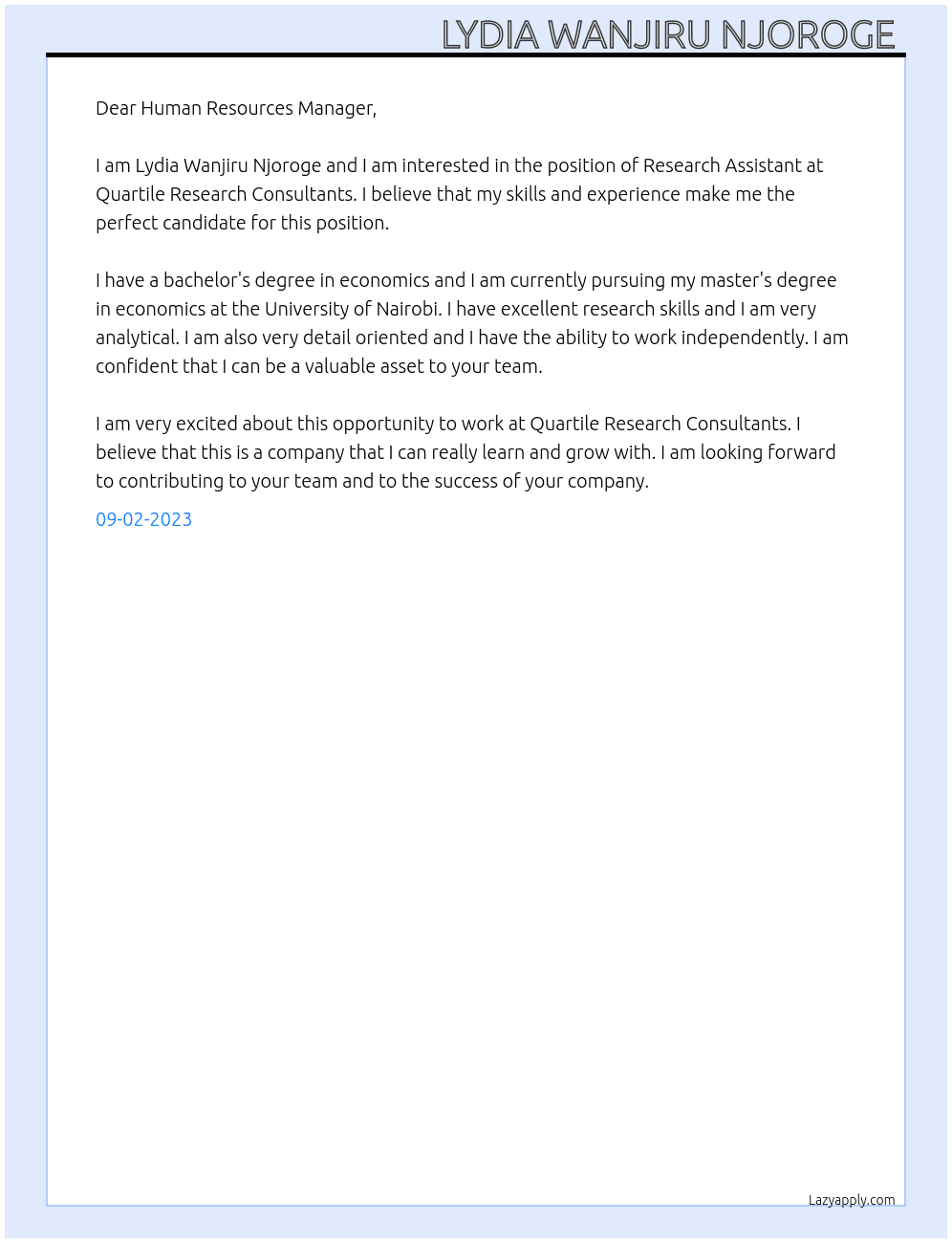 Research Assistant  At Quartile Research Consultants  Cover Letter