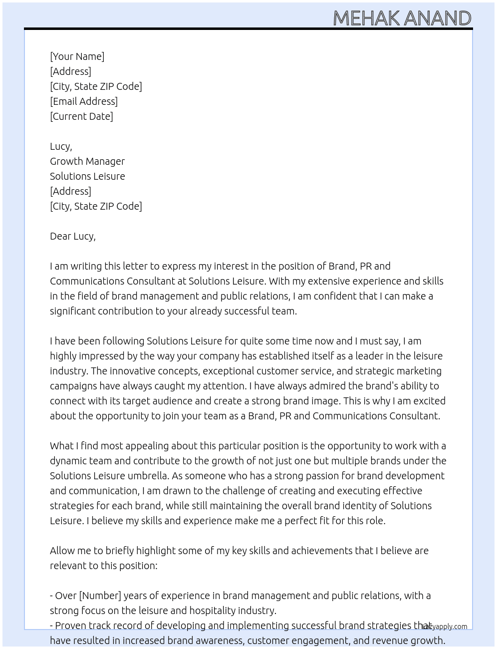Brand, PR and Communications Consultant At solutions leisure Cover Letter