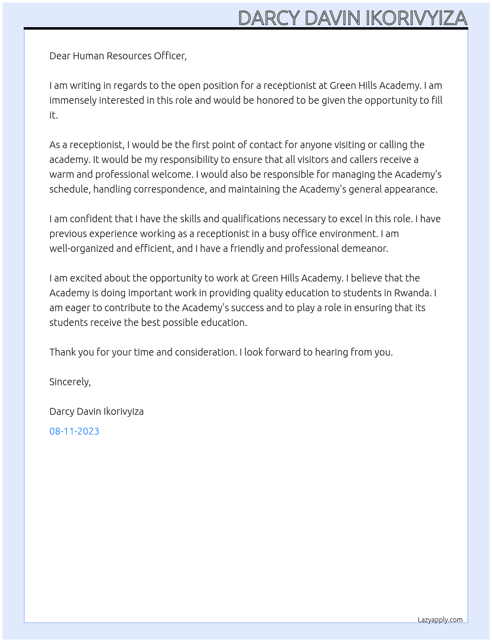 receptionist At Green Hills Academy Cover Letter