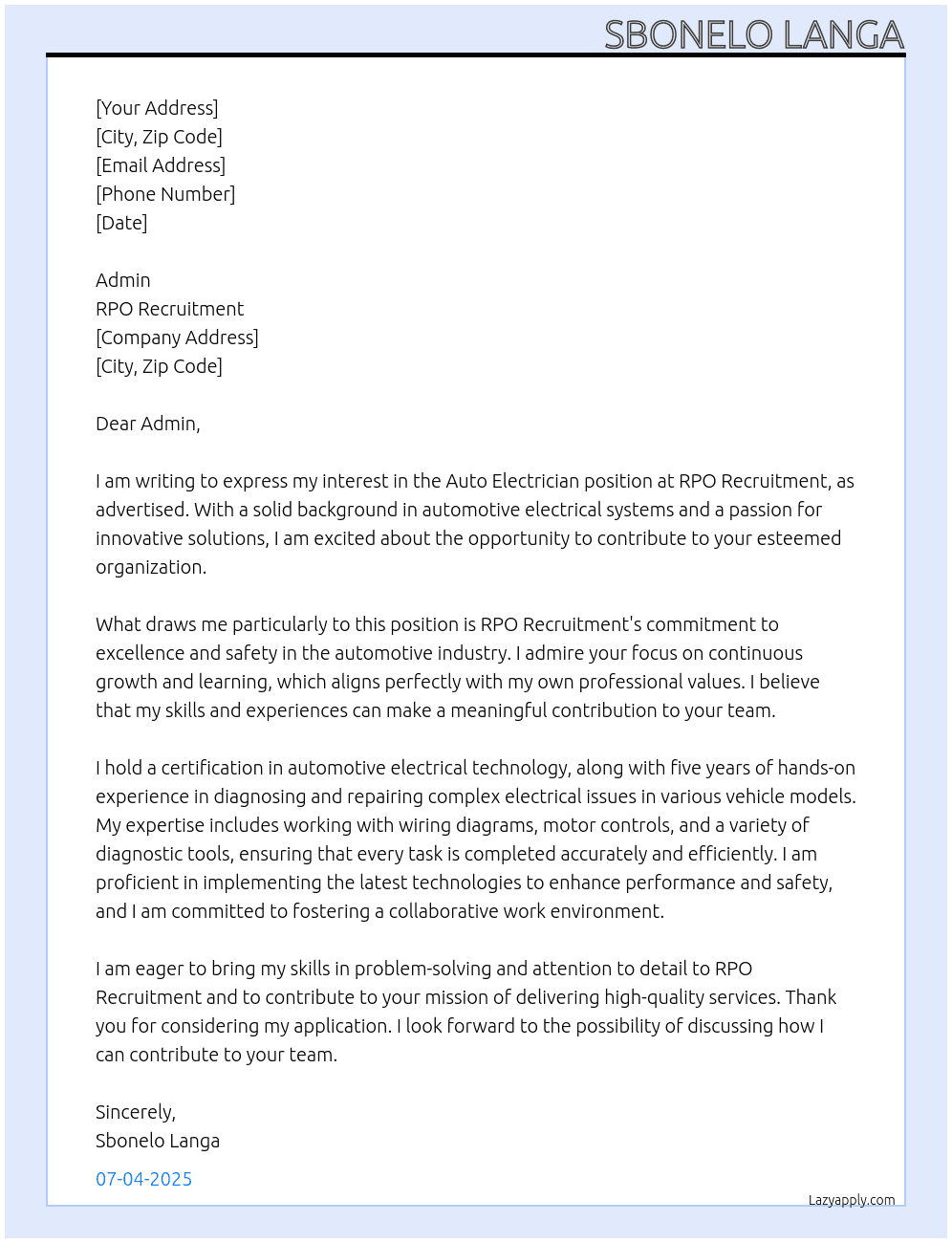 Cover letter for auto electrician - LazyApply