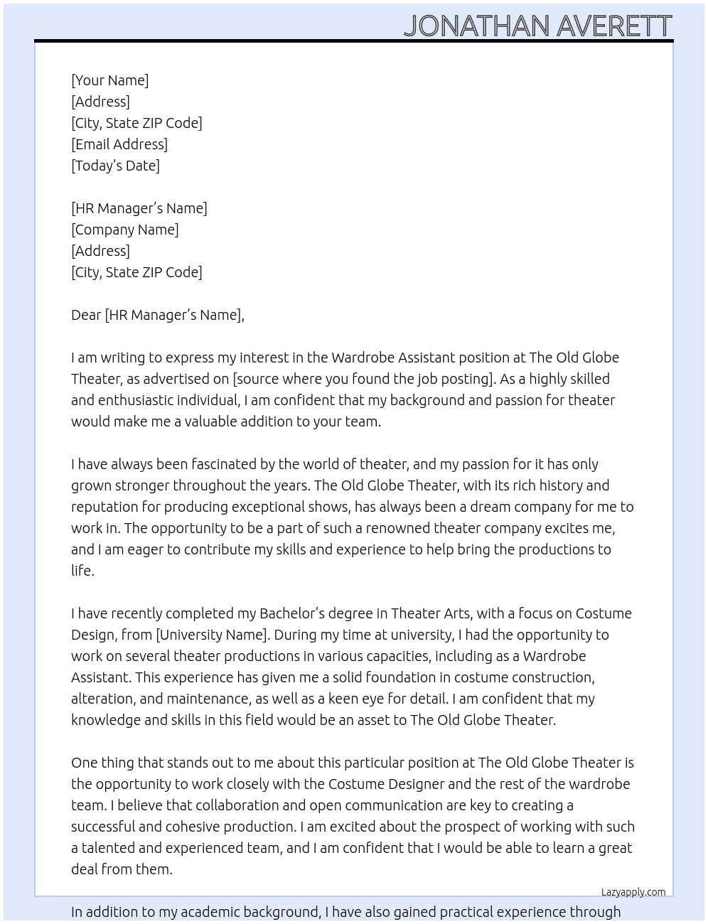 wardrobe assistant At The Old Globe Theater Cover Letter