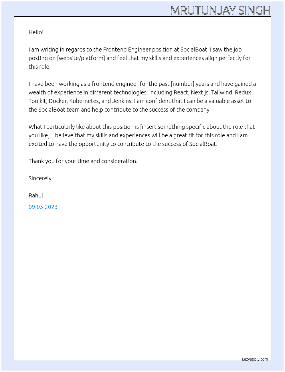 Frontend Engineer At SocialBoat Cover Letter