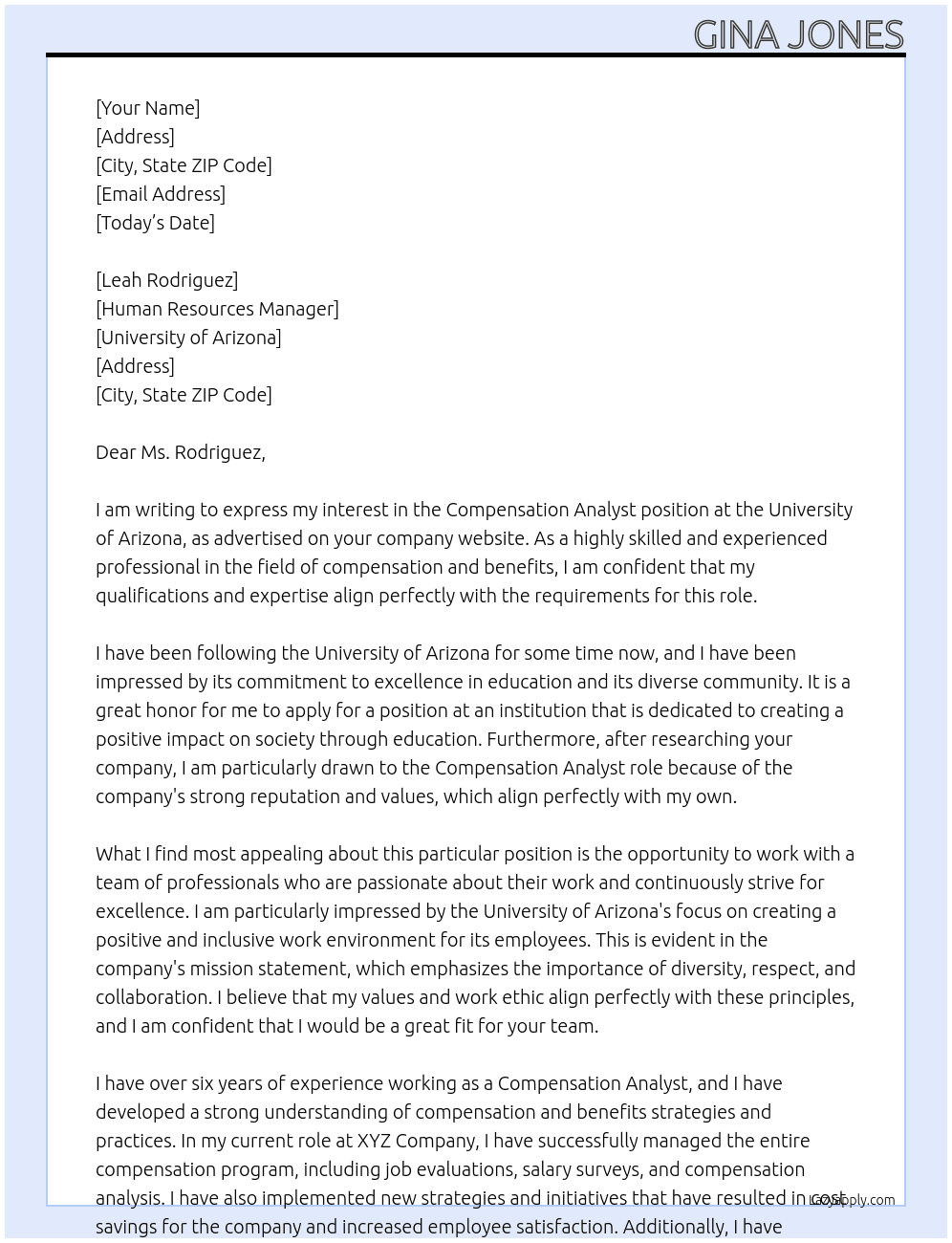 Compensation Analyst At University of Arizona Cover Letter
