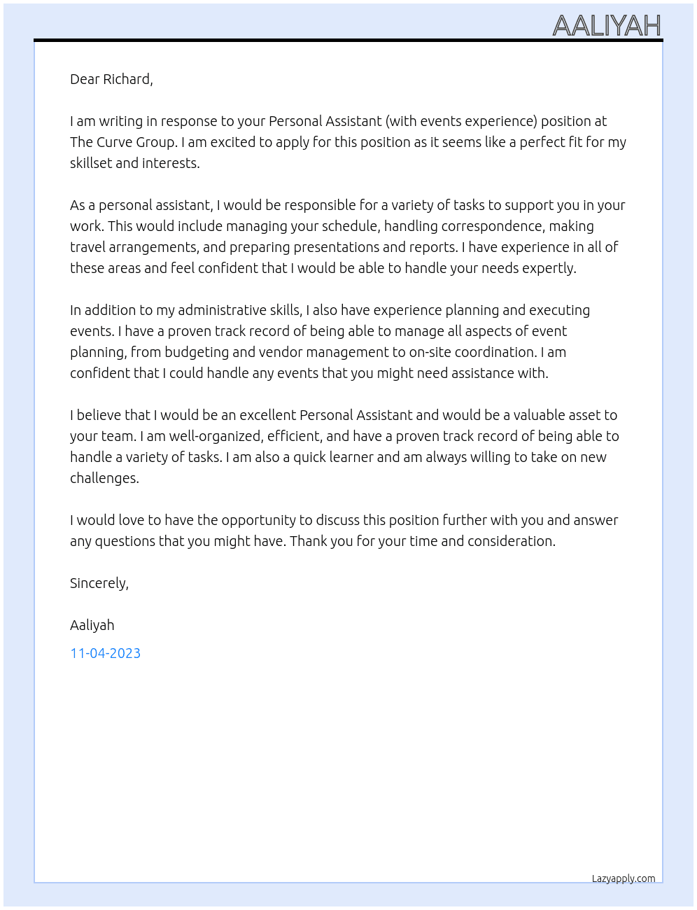 Personal assistant (with events experience) At The curve group Cover Letter